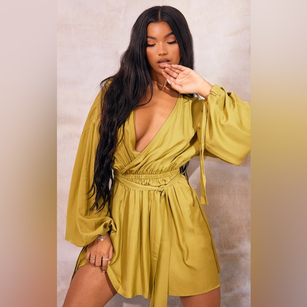 PrettyLittleThing Olive Green Satin Wrap Mini Dress